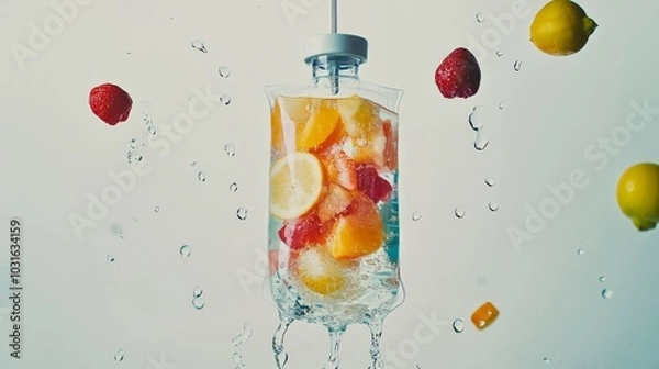 Fototapeta A clear IV bag with water and fresh fruit inside is suspended with water splashing out.