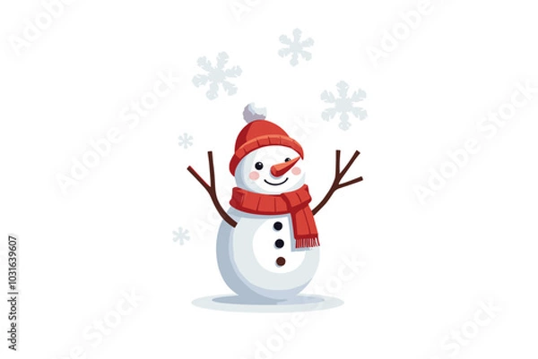 Fototapeta Small snowman vector with red hat, festive winter character on white background