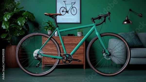 Fototapeta Modern Green Bike in Minimalist Living Room Interior