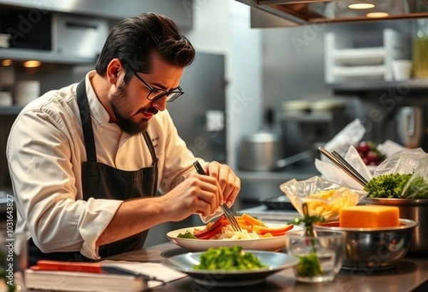 Fototapeta A chef experimenting with new flavors in a test kitchen combinin