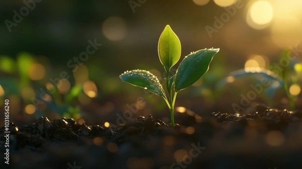 Fototapeta A Single Sprout Emerging from the Ground in Golden Light