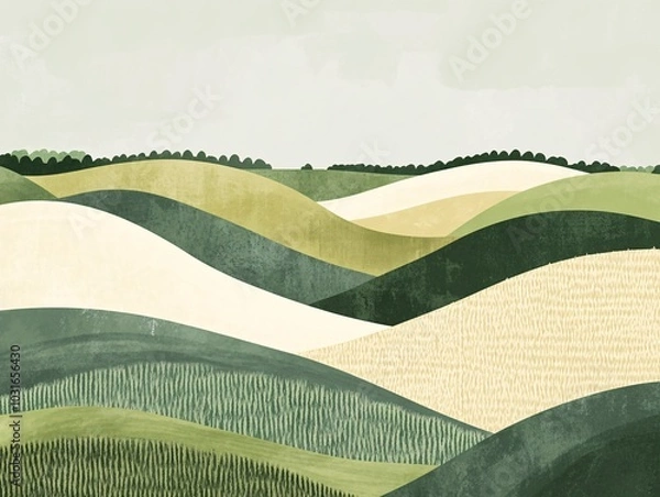 Fototapeta 2408 10.A simplistic vector illustration of abstract fields, representing rural farmland with rice, wheat, and corn textures. The rolling hills of green grass are shown in flat, geometric shapes,