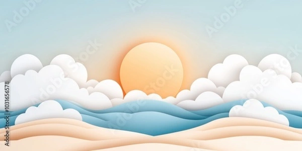 Fototapeta Serene sunrise with layered clouds and rolling hills in minimalist style