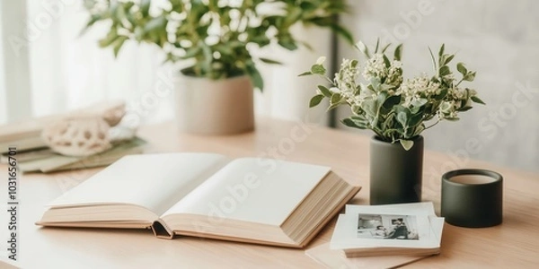 Obraz Cozy home study scene with open book, flowers, and photos on wooden desk