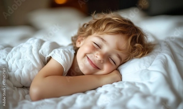 Fototapeta Happy smile child sleep with good dream in bed, Generative AI