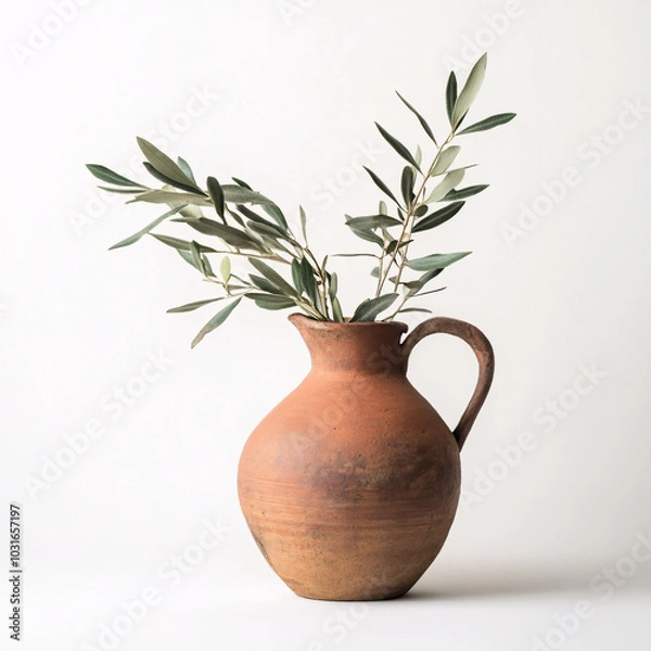 Fototapeta rustic clay jug with olive branch against white background minimalist still life photography