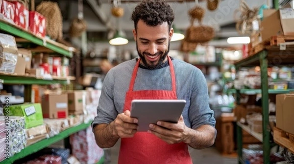 Fototapeta Smiling shopkeeper wearing red apron using tablet in store aisle. Shelves stocked with diverse products in background. Entrepreneurship concept. small business SME independent concept.