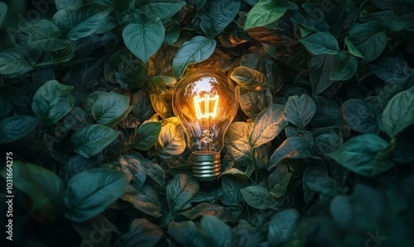 Fototapeta Green Innovation inspiring a lightbulb surrounded by lush greenery, symbolizing the fusion of innovation and environmental sustainability, Generative AI