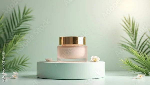Obraz Mockup of a luxury skincare jar neatly placed on a podium on a spa-themed background.