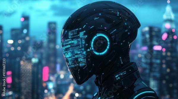 Fototapeta A black futuristic stock head with glowing blue lines, integrated HUD display, and a sleek technology-driven aesthetic. Set against a vibrant urban night skyline