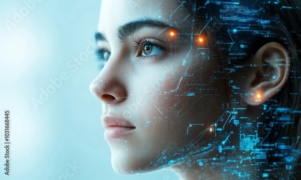 Fototapeta Woman face with futuristic technology concepts and AI-driven innovation, symbolizing the exploration of future technology trends with AI assistance, Generative AI