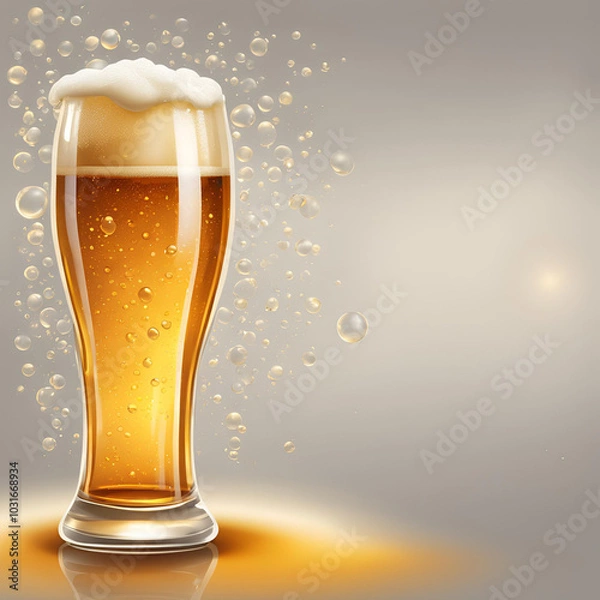 Fototapeta A tall glass of golden beer with a foamy head and bubbles rising, set against a light background. The perfect representation of a refreshing, cold beer ready to be enjoyed.