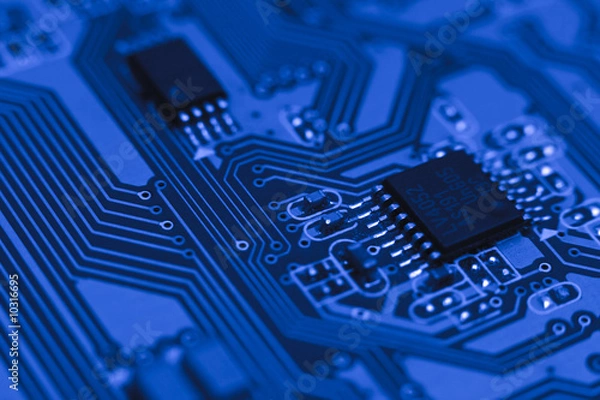 Obraz Electronic circuit - blue computer board with chips