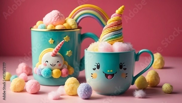 Fototapeta Colorful unicorn-themed cups with marshmallows and rainbow decorations on a pink background
