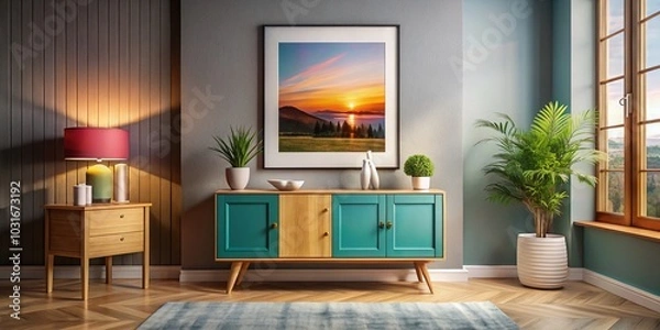 Fototapeta Stylish Room Interior Design with Cabinet and Picture Frame for Modern Home Decor