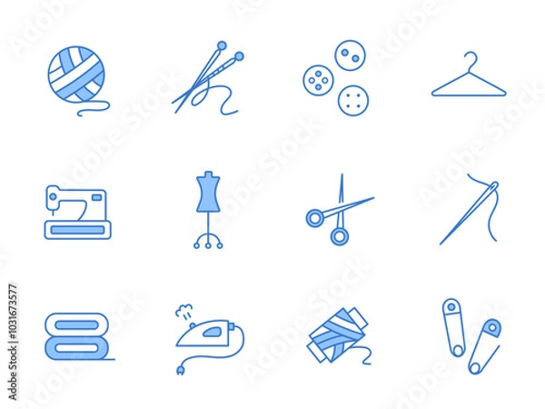 Fototapeta Sewing tools and tailor equipment set. Linear tailor's supplies, sewing equipment for handicrafts and textiles. Doodle handicraft workshop stickers. Outline icons collection. Vector illustration