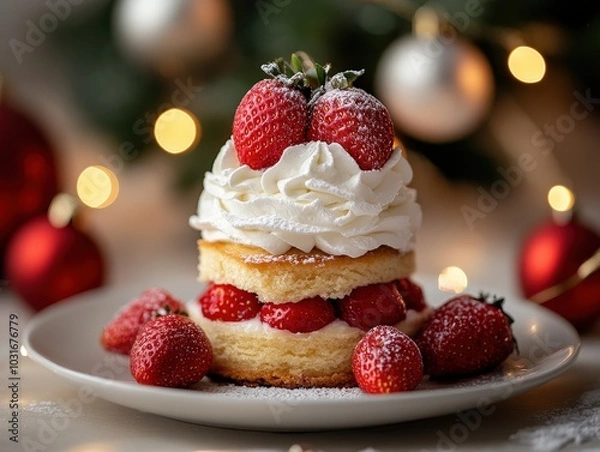 Fototapeta Delicious Strawberry Shortcake with Whipped Cream and Festive Lights
