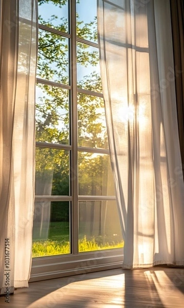 Fototapeta 40. A large window with sheer curtains letting in sunlight
