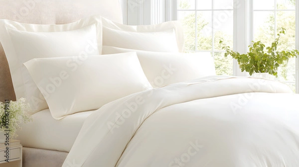 Fototapeta Inviting Photograph of a Styled Bed with Cozy Comforter and Matching Pillows in Soft Warm Lighting for Bedding Enthusiasts