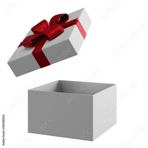 Fototapeta White gift box with red ribbon isolated on empty background. Christmas present for holiday sale shop design element.
