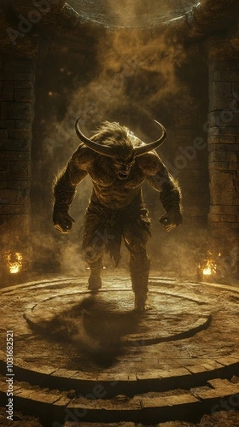 Fototapeta A muscular Minotaur standing at the center of a dark, ancient stone labyrinth,