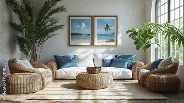Fototapeta Sunlit Tropical Living Room Interior with Wicker Furniture