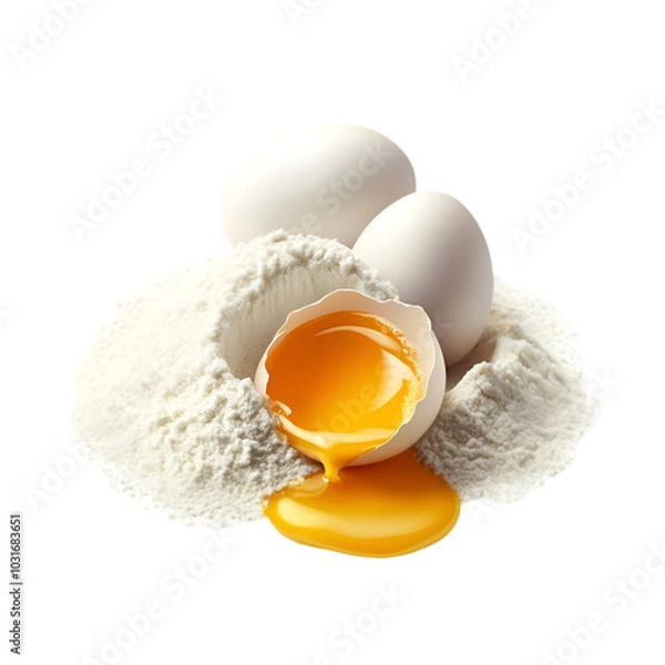 Obraz Eggs with flour and broken shell, white isolate background transparent background