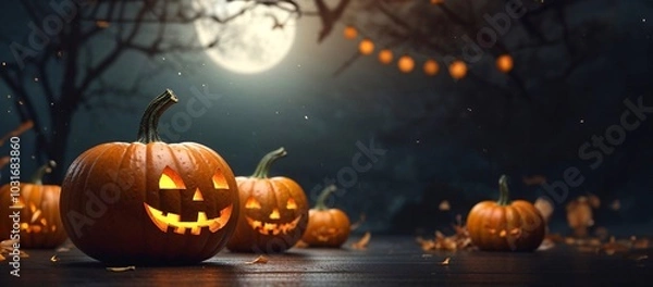 Fototapeta Happy Halloween party poster. Pumpkin in 3d illustration style. Frame, night clouds, Witch cauldron, spider web, flying ghost bat. Place for text. Brochure layout template background, night background