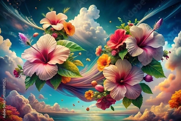 Fototapeta Surreal Hand Drawn Floral Composition Featuring Hibiscus Flower in Dreamlike Settings
