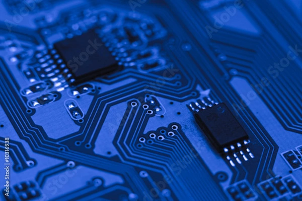 Obraz Electronic circuit - blue computer board with chips