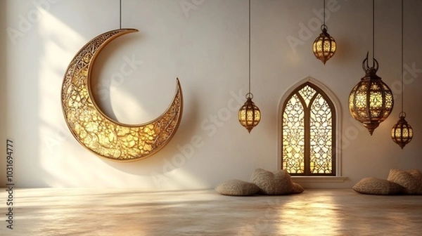 Fototapeta Ramadan Kareem card featuring 3D crescent moon Arabic lanterns Islamic window patterns set against a clean soft gold and white background space for text on the right