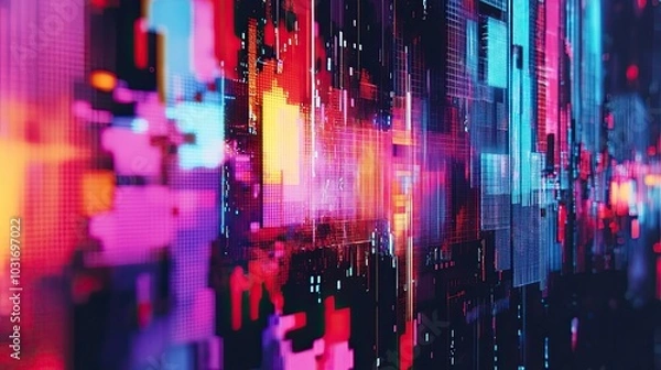 Fototapeta Abstract digital cityscape with glowing neon lights and pixelated textures