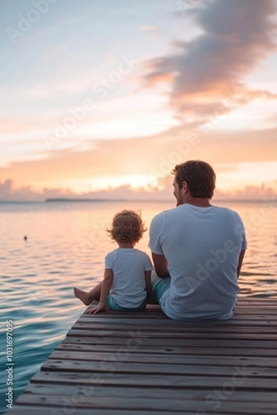 Fototapeta A father and child sit on a dock, enjoying a peaceful sunset over the water.