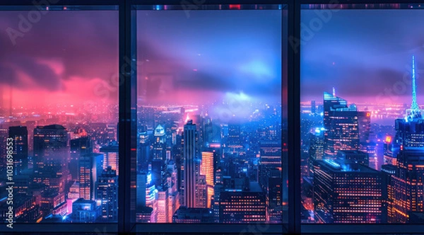 Obraz A breathtaking dark cityscape viewed from a high-rise with wide glass window on a foggy night. The city is alive with neon lights in shades of blue, and purple.