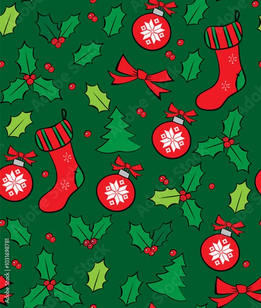 Fototapeta Seasonal seamless pattern with red socks and holly berry. Traditional red and green christmas pattern.