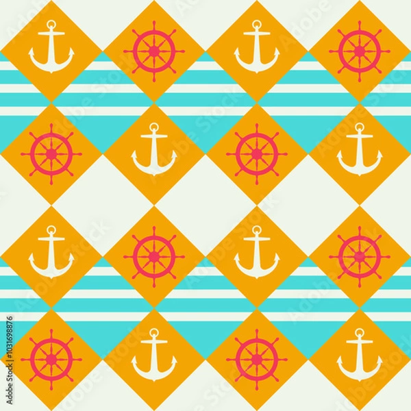 Fototapeta Nautical themmed seamless pattern with anchora and sea wheels. Bright and positive pattern for summer textiles.