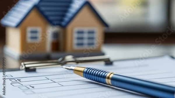 Fototapeta Real Estate Contract Signing with House Model and Pen