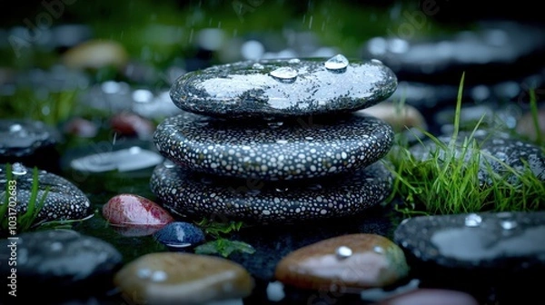 Fototapeta Stacked Stones with Rain Drops and Green Grass in Nature