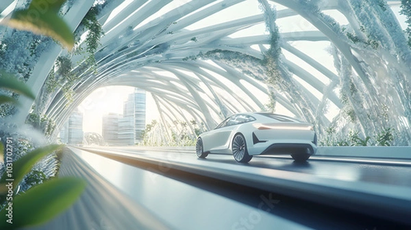 Fototapeta An electric car driving across a futuristic bridge made of sustainable materials.