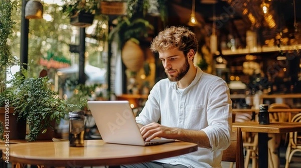 Fototapeta A freelance worker in the gig economy, managing multiple projects from a cafe, balancing flexibility and entrepreneurship