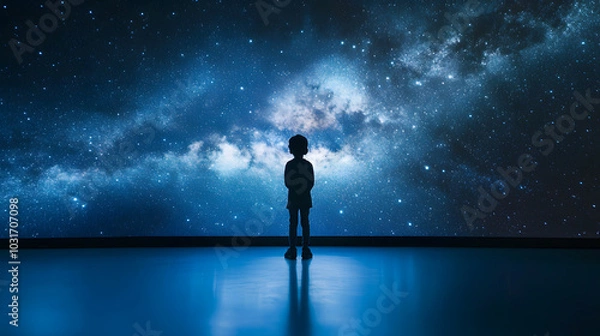 Fototapeta A child standing in a large planetarium looking up in awe at a projection of the Milky Way galaxy.