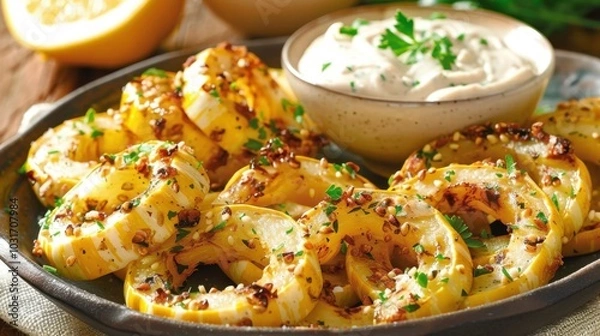 Fototapeta Grilled Squash Rings with Herb Dressing on a Plate. Delicata Squash Rings with Garlic-Lemon Sauce