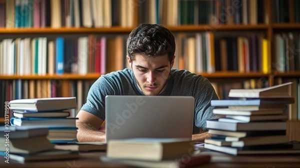 Fototapeta A student researching the education requirements for their desired occupation, surrounded by textbooks and a laptop