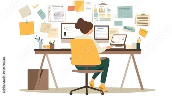 Fototapeta A virtual assistant managing multiple clients from a home office, scheduling tasks and responding to emails efficiently