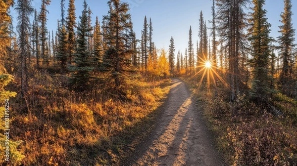 Fototapeta A serene forest path illuminated by sunset, showcasing autumn colors and tranquil nature.