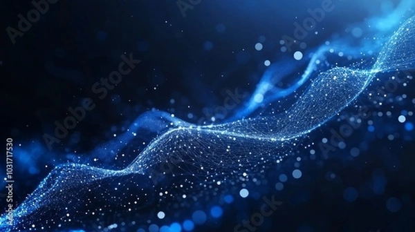 Fototapeta Abstract blue wave of connected particles with bokeh effect on a dark background.