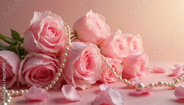 Obraz Pink roses and pearls on soft pink background with petals