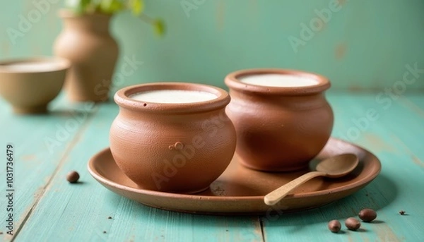 Fototapeta Traditional lassi served in earthenware showcasing rustic charm on a soft teal background.