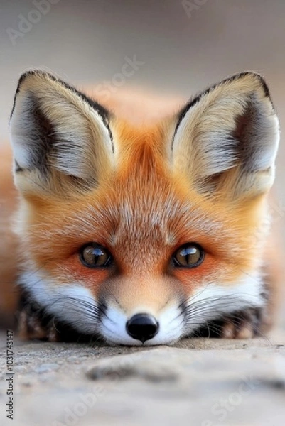 Fototapeta  A red fox in a close-up, head rested on the ground, eyes wide open