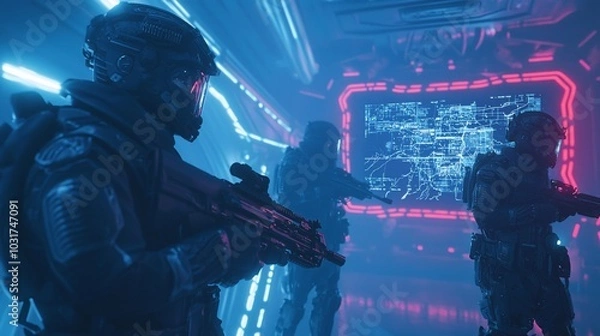 Fototapeta Futuristic Warfare Strategy in High-Tech Bunker - 3D Render Illustration with Soldiers, Holographic Map, Flickering Lights